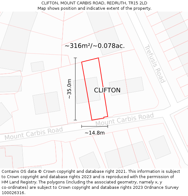 CLIFTON, MOUNT CARBIS ROAD, REDRUTH, TR15 2LD: Plot and title map