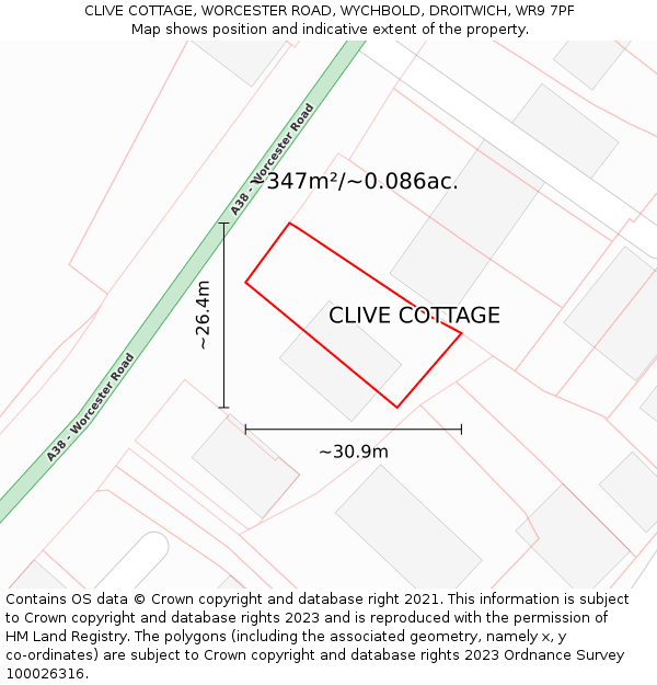 CLIVE COTTAGE, WORCESTER ROAD, WYCHBOLD, DROITWICH, WR9 7PF: Plot and title map