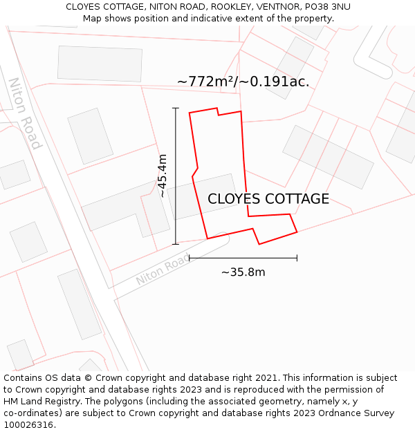 CLOYES COTTAGE, NITON ROAD, ROOKLEY, VENTNOR, PO38 3NU: Plot and title map