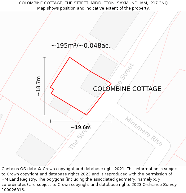 COLOMBINE COTTAGE, THE STREET, MIDDLETON, SAXMUNDHAM, IP17 3NQ: Plot and title map