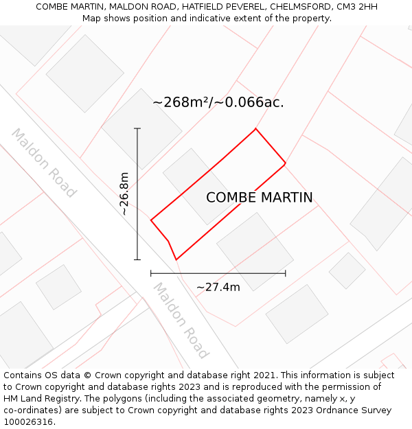 COMBE MARTIN, MALDON ROAD, HATFIELD PEVEREL, CHELMSFORD, CM3 2HH: Plot and title map