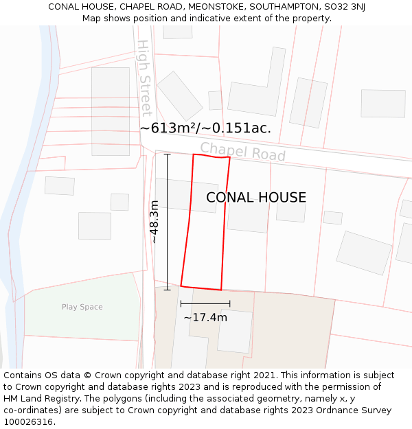 CONAL HOUSE, CHAPEL ROAD, MEONSTOKE, SOUTHAMPTON, SO32 3NJ: Plot and title map