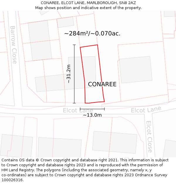 CONAREE, ELCOT LANE, MARLBOROUGH, SN8 2AZ: Plot and title map