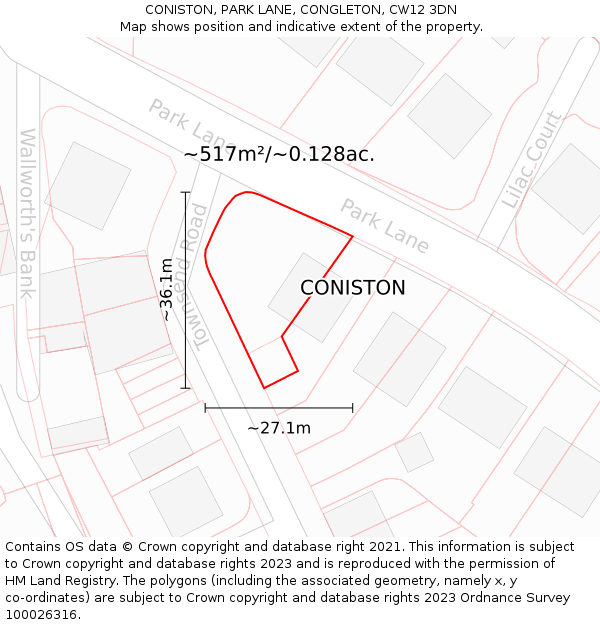CONISTON, PARK LANE, CONGLETON, CW12 3DN: Plot and title map