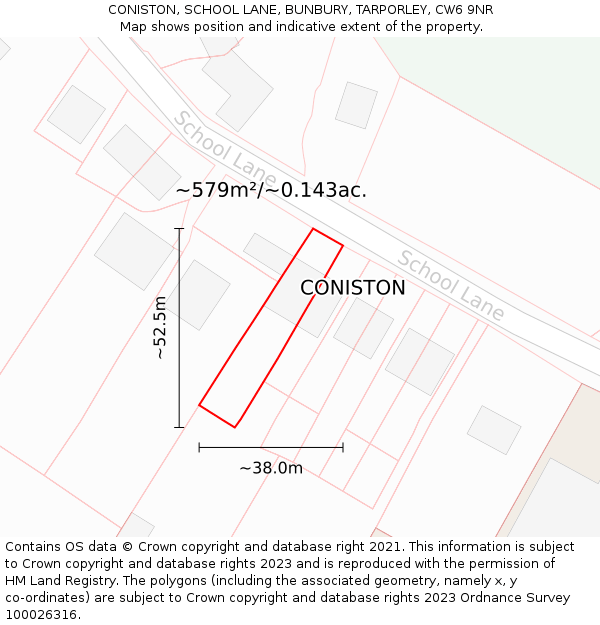 CONISTON, SCHOOL LANE, BUNBURY, TARPORLEY, CW6 9NR: Plot and title map