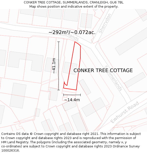 CONKER TREE COTTAGE, SUMMERLANDS, CRANLEIGH, GU6 7BL: Plot and title map