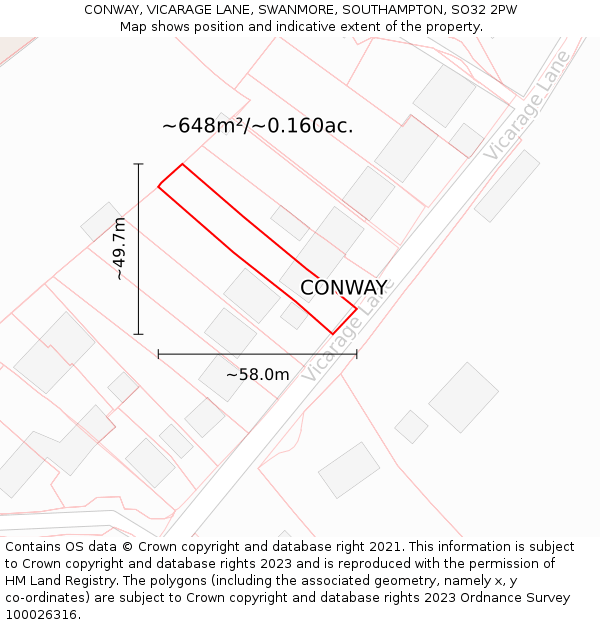 CONWAY, VICARAGE LANE, SWANMORE, SOUTHAMPTON, SO32 2PW: Plot and title map
