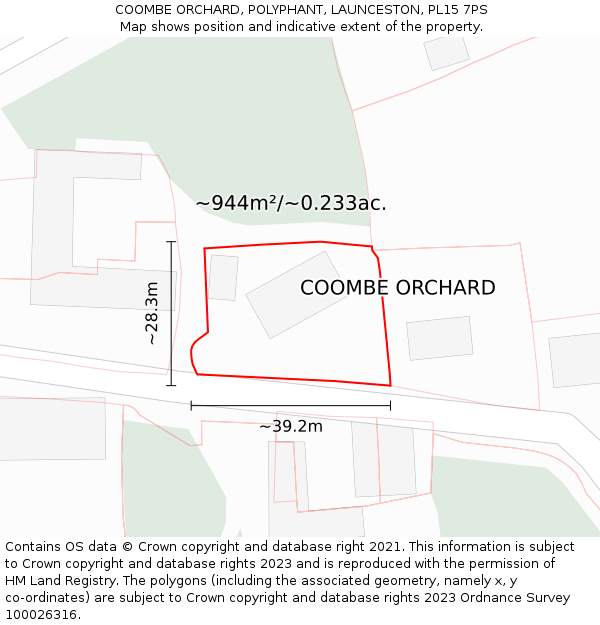 COOMBE ORCHARD, POLYPHANT, LAUNCESTON, PL15 7PS: Plot and title map