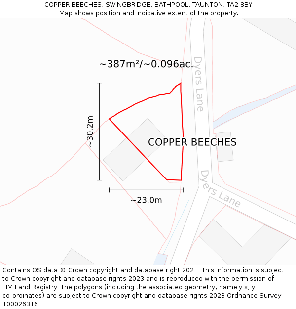 COPPER BEECHES, SWINGBRIDGE, BATHPOOL, TAUNTON, TA2 8BY: Plot and title map