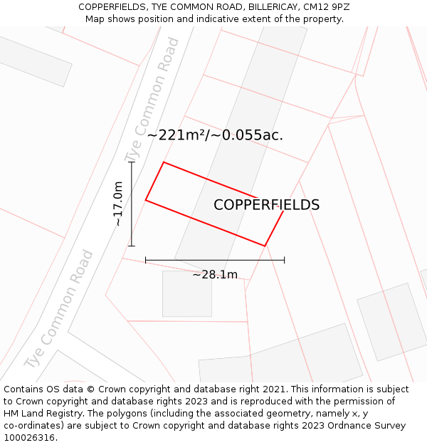 COPPERFIELDS, TYE COMMON ROAD, BILLERICAY, CM12 9PZ: Plot and title map