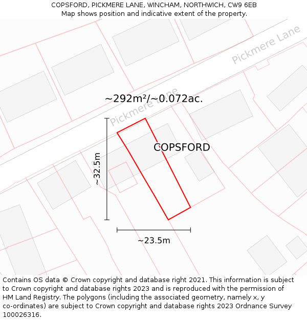 COPSFORD, PICKMERE LANE, WINCHAM, NORTHWICH, CW9 6EB: Plot and title map