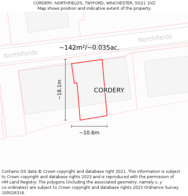 CORDERY, NORTHFIELDS, TWYFORD, WINCHESTER, SO21 1NZ: Plot and title map