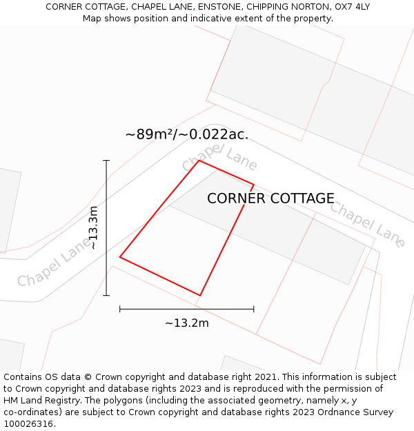 CORNER COTTAGE, CHAPEL LANE, ENSTONE, CHIPPING NORTON, OX7 4LY: Plot and title map