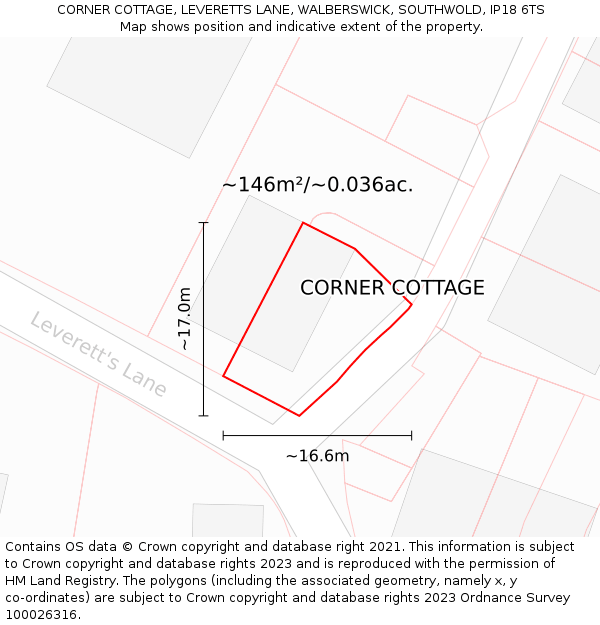 CORNER COTTAGE, LEVERETTS LANE, WALBERSWICK, SOUTHWOLD, IP18 6TS: Plot and title map
