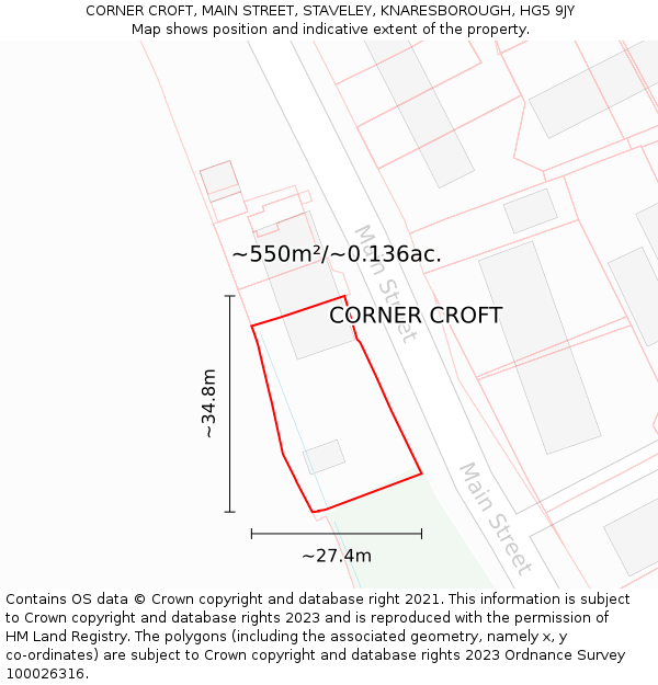 CORNER CROFT, MAIN STREET, STAVELEY, KNARESBOROUGH, HG5 9JY: Plot and title map