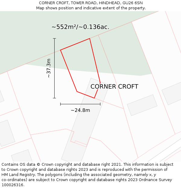 CORNER CROFT, TOWER ROAD, HINDHEAD, GU26 6SN: Plot and title map