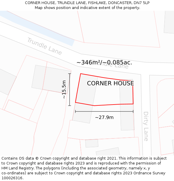 CORNER HOUSE, TRUNDLE LANE, FISHLAKE, DONCASTER, DN7 5LP: Plot and title map
