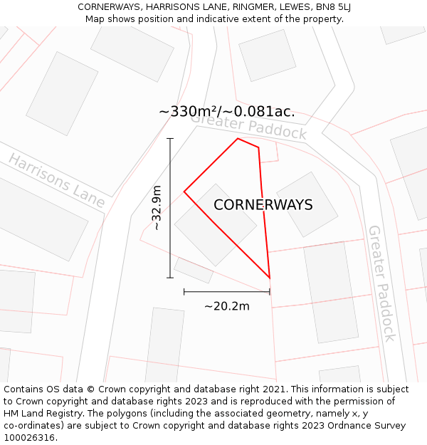 CORNERWAYS, HARRISONS LANE, RINGMER, LEWES, BN8 5LJ: Plot and title map