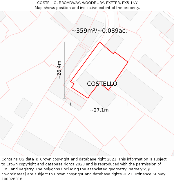 COSTELLO, BROADWAY, WOODBURY, EXETER, EX5 1NY: Plot and title map