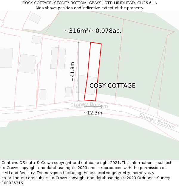 COSY COTTAGE, STONEY BOTTOM, GRAYSHOTT, HINDHEAD, GU26 6HN: Plot and title map