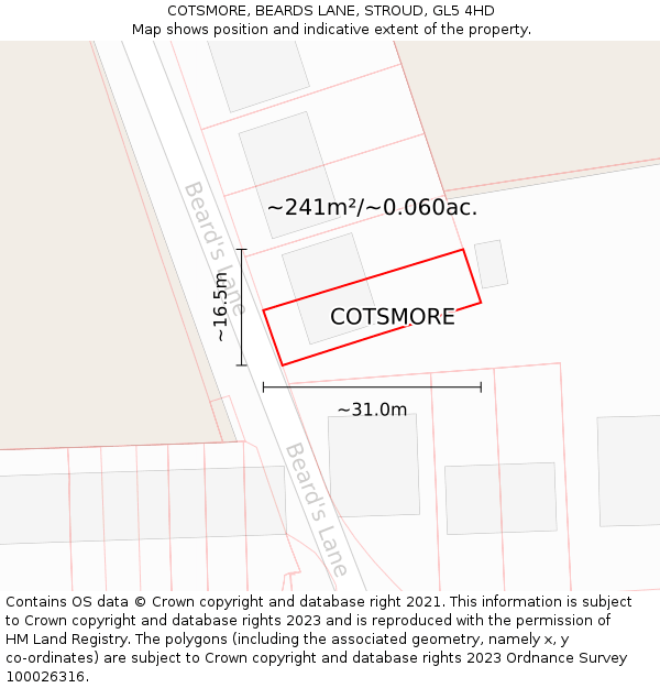 COTSMORE, BEARDS LANE, STROUD, GL5 4HD: Plot and title map