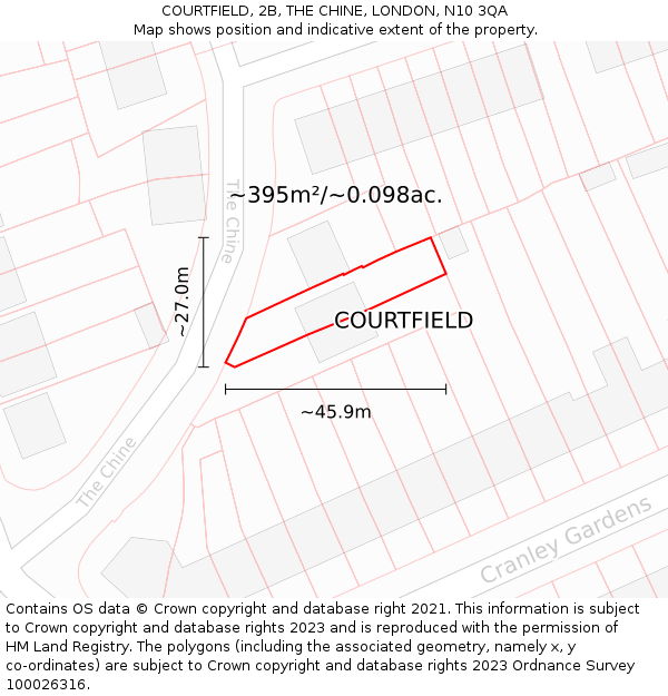 COURTFIELD, 2B, THE CHINE, LONDON, N10 3QA: Plot and title map