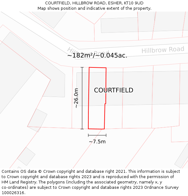 COURTFIELD, HILLBROW ROAD, ESHER, KT10 9UD: Plot and title map