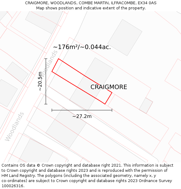 CRAIGMORE, WOODLANDS, COMBE MARTIN, ILFRACOMBE, EX34 0AS: Plot and title map