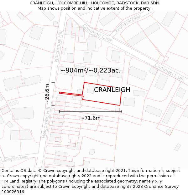 CRANLEIGH, HOLCOMBE HILL, HOLCOMBE, RADSTOCK, BA3 5DN: Plot and title map