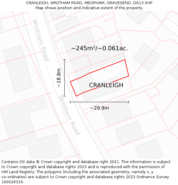 CRANLEIGH, WROTHAM ROAD, MEOPHAM, GRAVESEND, DA13 0HP: Plot and title map