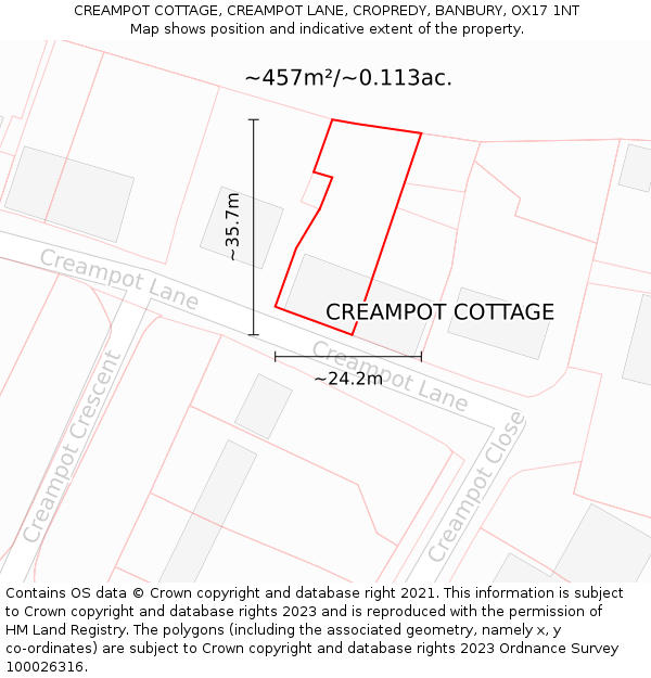 CREAMPOT COTTAGE, CREAMPOT LANE, CROPREDY, BANBURY, OX17 1NT: Plot and title map