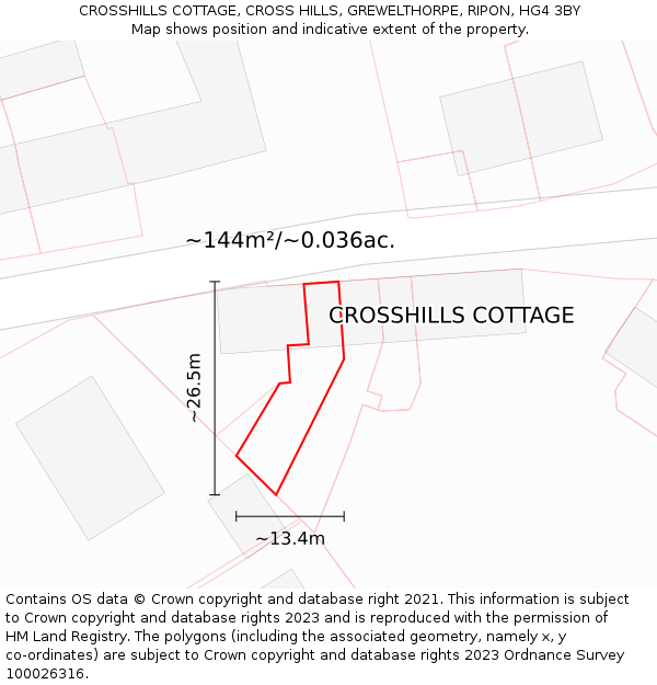 CROSSHILLS COTTAGE, CROSS HILLS, GREWELTHORPE, RIPON, HG4 3BY: Plot and title map