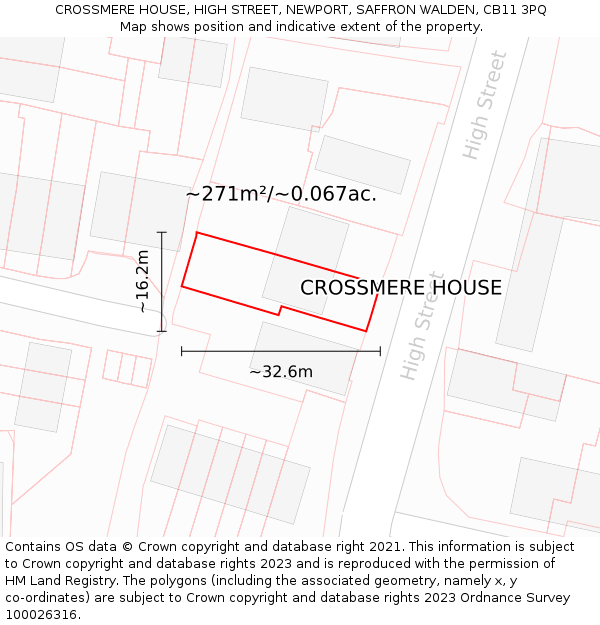 CROSSMERE HOUSE, HIGH STREET, NEWPORT, SAFFRON WALDEN, CB11 3PQ: Plot and title map