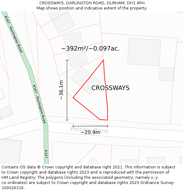 CROSSWAYS, DARLINGTON ROAD, DURHAM, DH1 4PH: Plot and title map