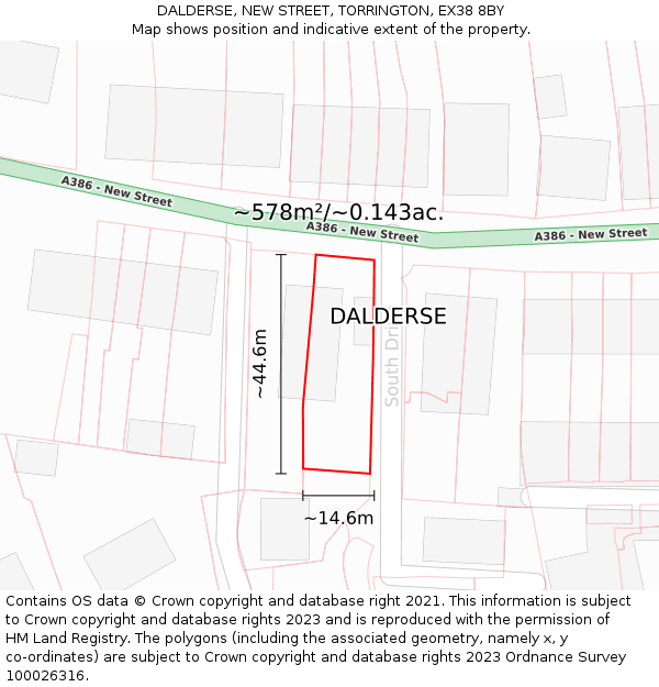 DALDERSE, NEW STREET, TORRINGTON, EX38 8BY: Plot and title map