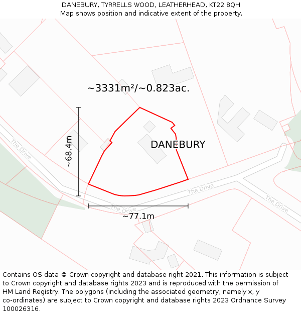DANEBURY, TYRRELLS WOOD, LEATHERHEAD, KT22 8QH: Plot and title map