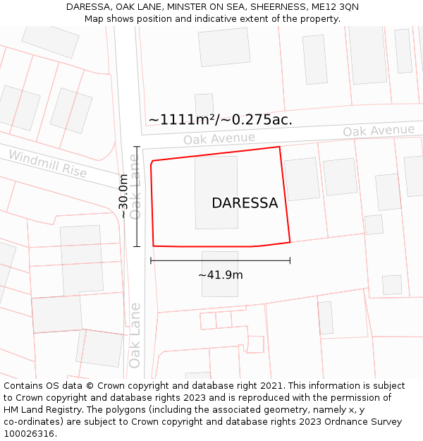 DARESSA, OAK LANE, MINSTER ON SEA, SHEERNESS, ME12 3QN: Plot and title map