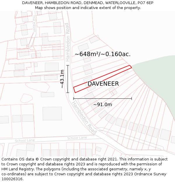 DAVENEER, HAMBLEDON ROAD, DENMEAD, WATERLOOVILLE, PO7 6EP: Plot and title map