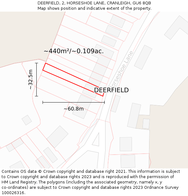 DEERFIELD, 2, HORSESHOE LANE, CRANLEIGH, GU6 8QB: Plot and title map