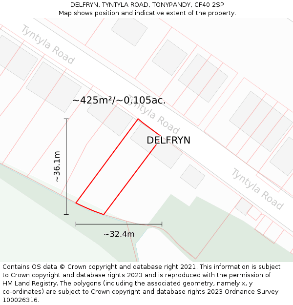 DELFRYN, TYNTYLA ROAD, TONYPANDY, CF40 2SP: Plot and title map