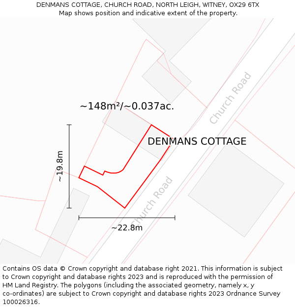 DENMANS COTTAGE, CHURCH ROAD, NORTH LEIGH, WITNEY, OX29 6TX: Plot and title map
