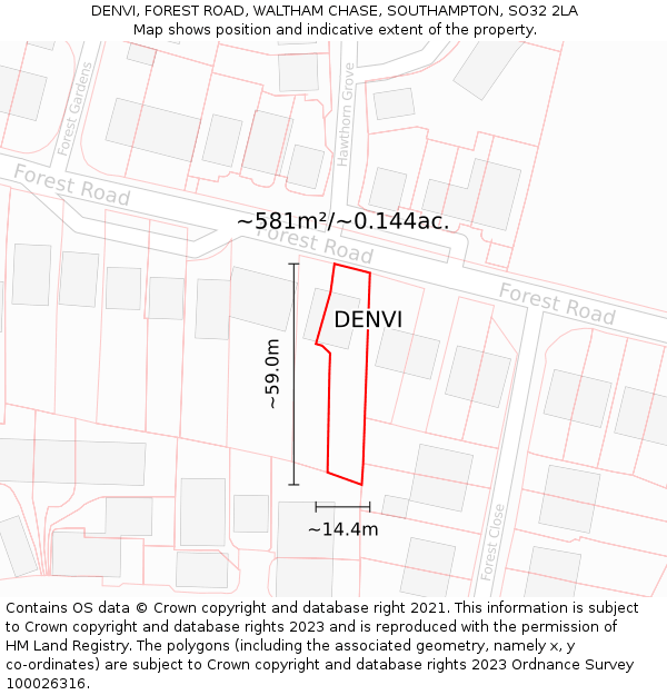 DENVI, FOREST ROAD, WALTHAM CHASE, SOUTHAMPTON, SO32 2LA: Plot and title map