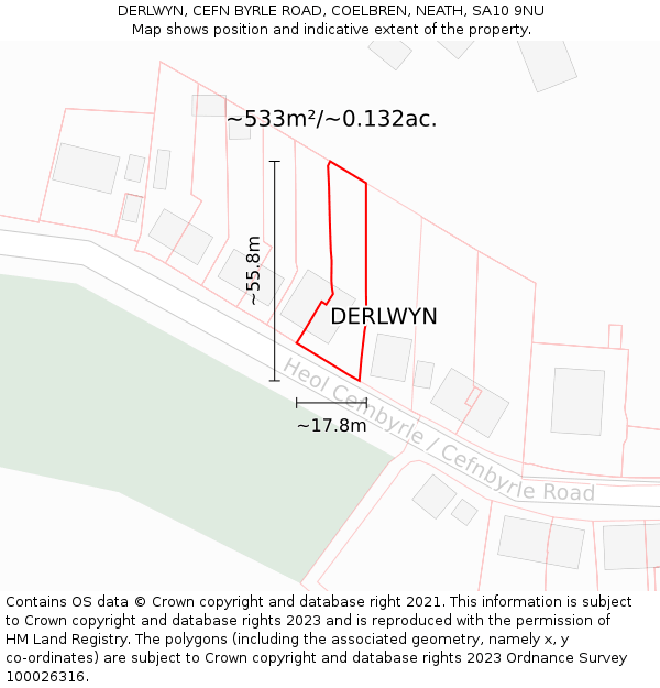 DERLWYN, CEFN BYRLE ROAD, COELBREN, NEATH, SA10 9NU: Plot and title map