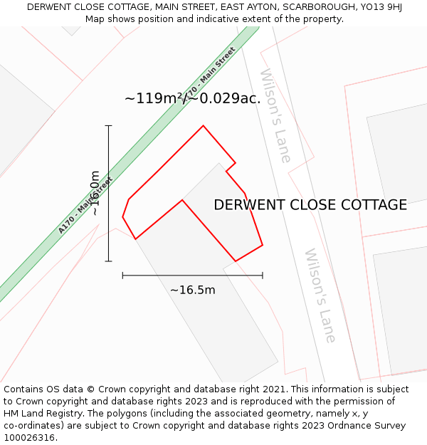 DERWENT CLOSE COTTAGE, MAIN STREET, EAST AYTON, SCARBOROUGH, YO13 9HJ: Plot and title map