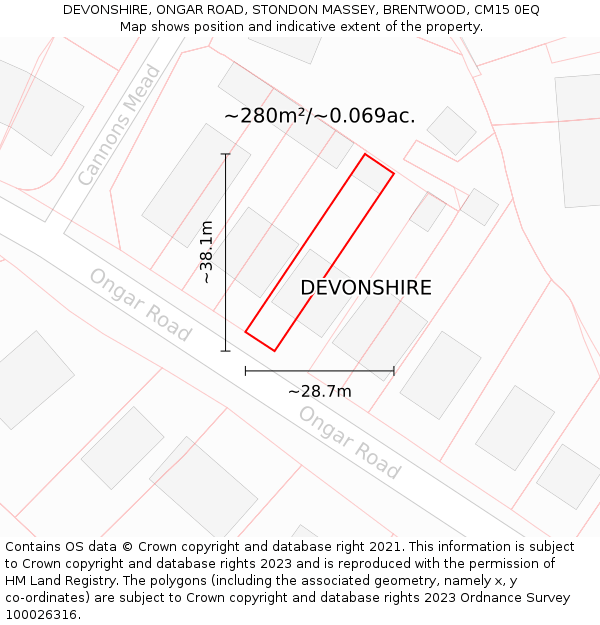 DEVONSHIRE, ONGAR ROAD, STONDON MASSEY, BRENTWOOD, CM15 0EQ: Plot and title map