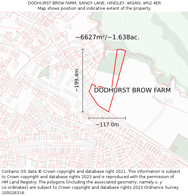 DODHURST BROW FARM, SANDY LANE, HINDLEY, WIGAN, WN2 4ER: Plot and title map