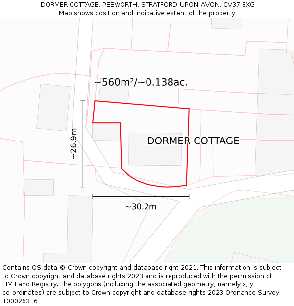 DORMER COTTAGE, PEBWORTH, STRATFORD-UPON-AVON, CV37 8XG: Plot and title map