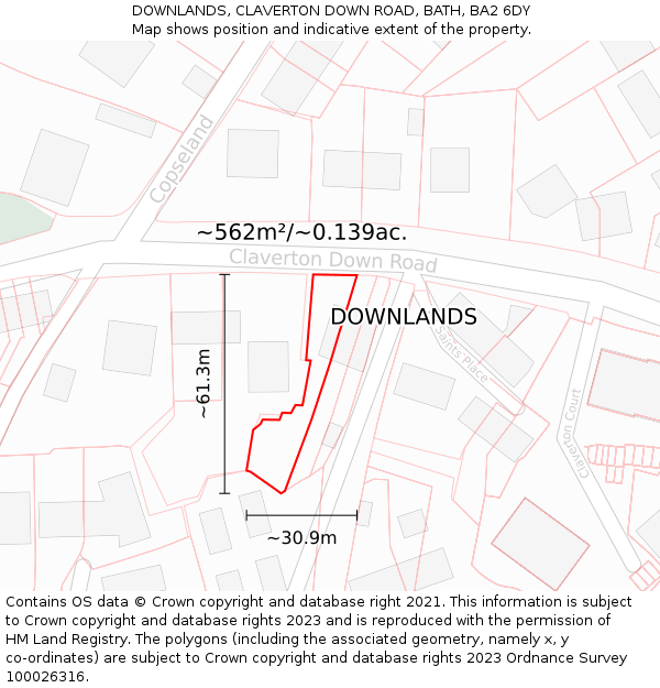 DOWNLANDS, CLAVERTON DOWN ROAD, BATH, BA2 6DY: Plot and title map