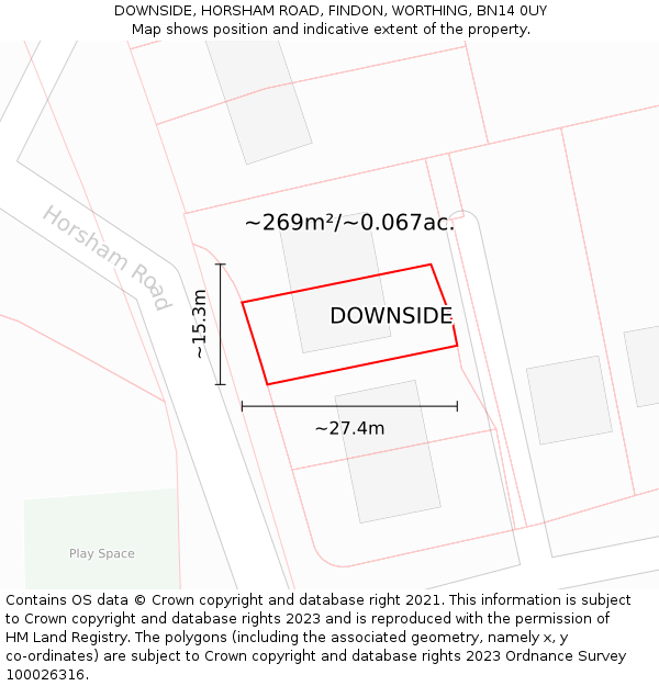 DOWNSIDE, HORSHAM ROAD, FINDON, WORTHING, BN14 0UY: Plot and title map