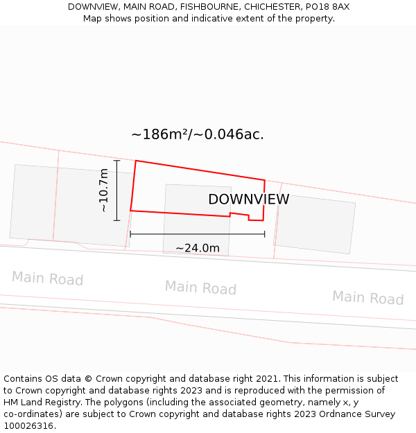DOWNVIEW, MAIN ROAD, FISHBOURNE, CHICHESTER, PO18 8AX: Plot and title map